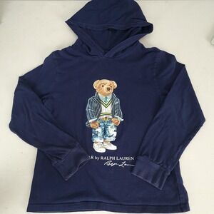 Polo Ralph Lauren Hooded Shirt Boys 10-12 Blue Polo Bear Graphic Long Sleeve